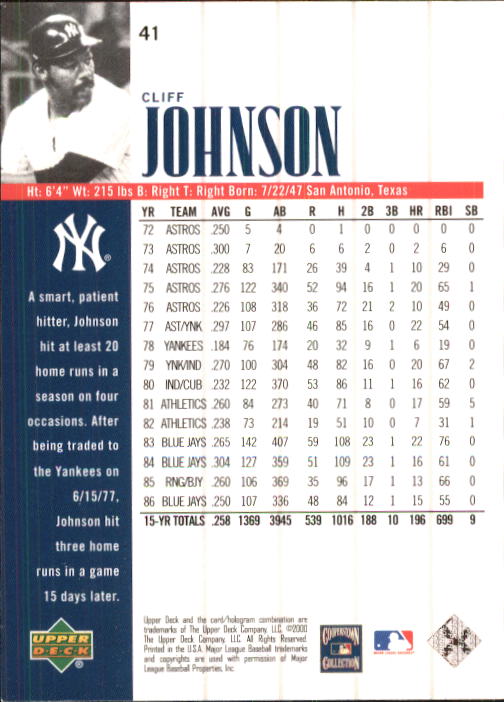 2000 Upper Deck Yankees Legends #41 Cliff Johnson back image