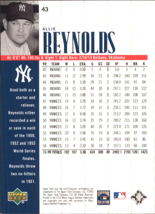 2000 Upper Deck Yankees Legends #43 Allie Reynolds back image