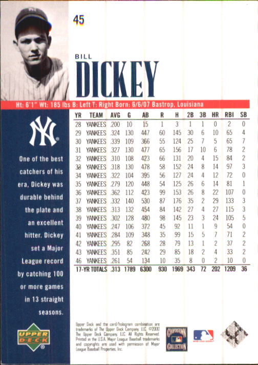 2000 Upper Deck Yankees Legends #45 Bill Dickey back image