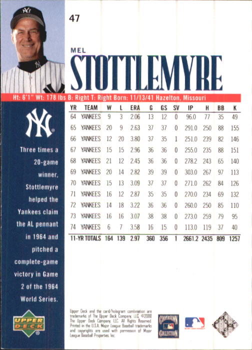 2000 Upper Deck Yankees Legends #47 Mel Stottlemyre back image