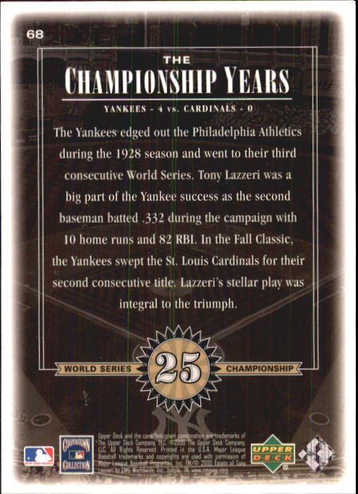 2000 Upper Deck Yankees Legends #68 Tony Lazzeri '28 TCY back image