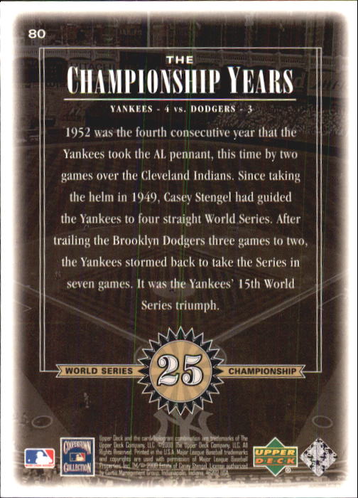 2000 Upper Deck Yankees Legends #80 Casey Stengel '52 TCY back image