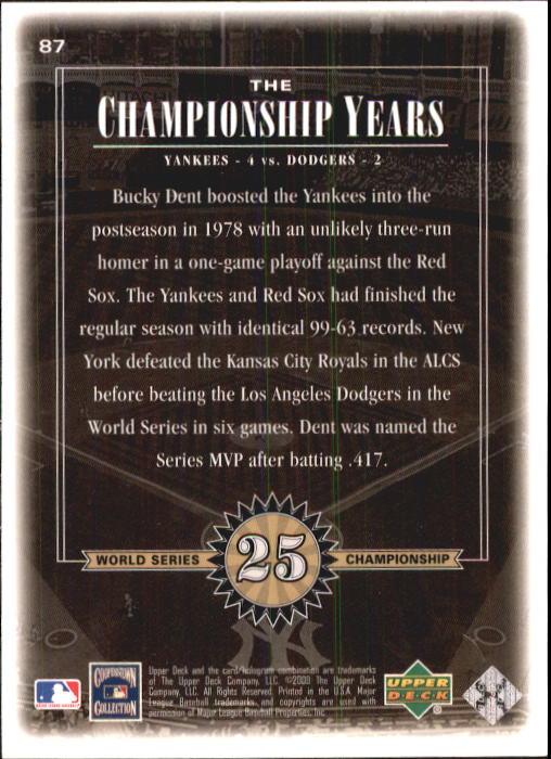 2000 Upper Deck Yankees Legends #87 Bucky Dent '78 TCY back image