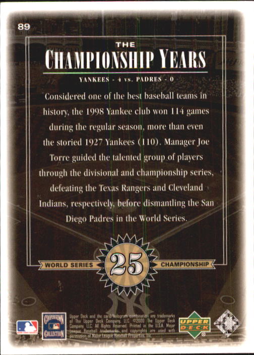2000 Upper Deck Yankees Legends #89 Joe Torre '98 TCY back image