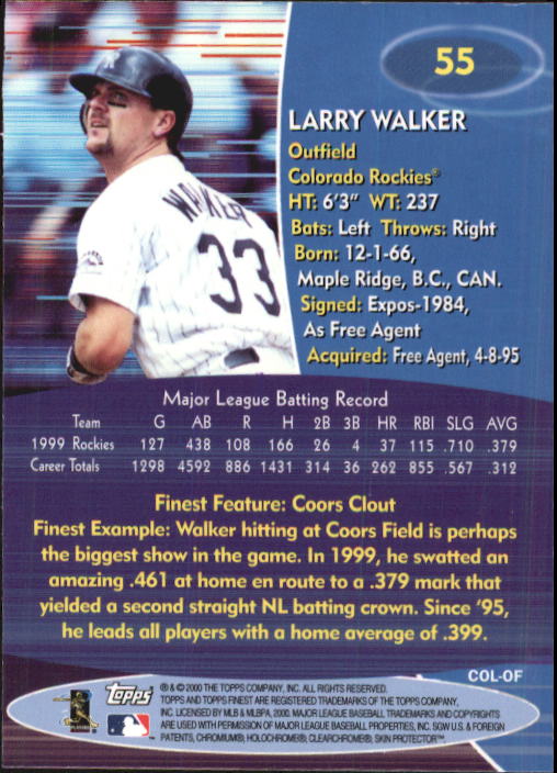 2000 Finest #55 Larry Walker back image