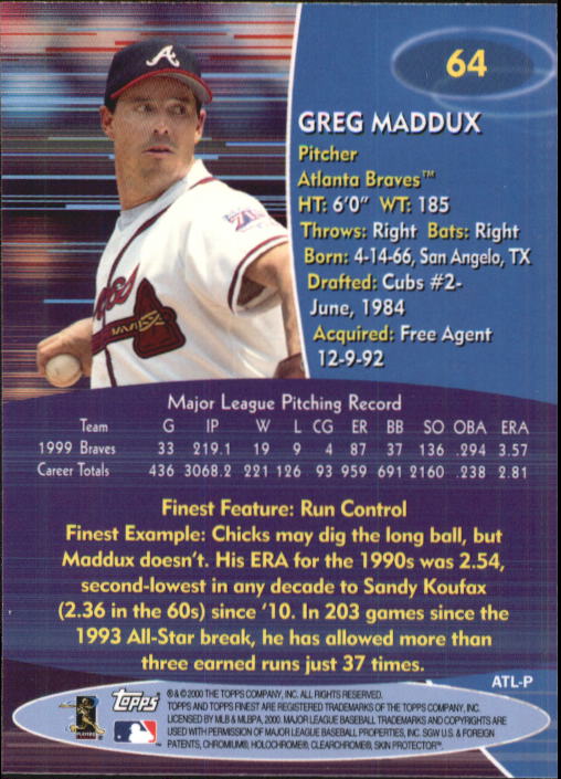 2000 Finest #64 Greg Maddux back image