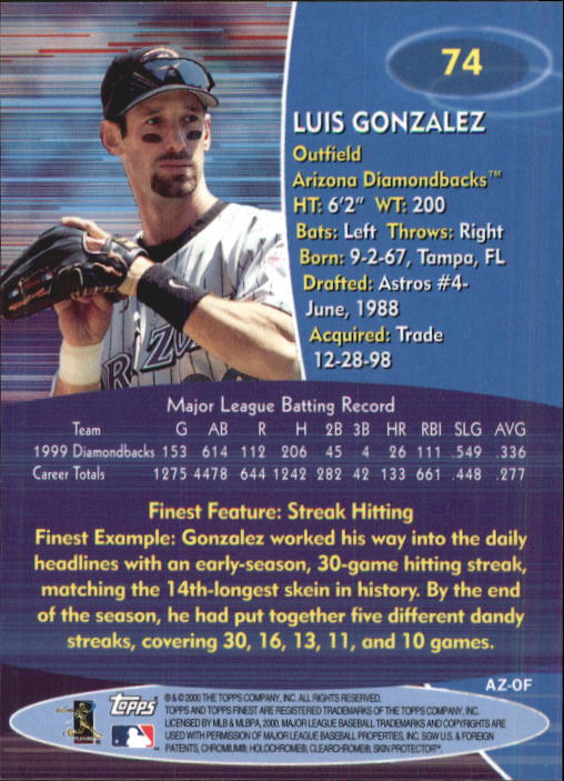 2000 Finest #74 Luis Gonzalez back image