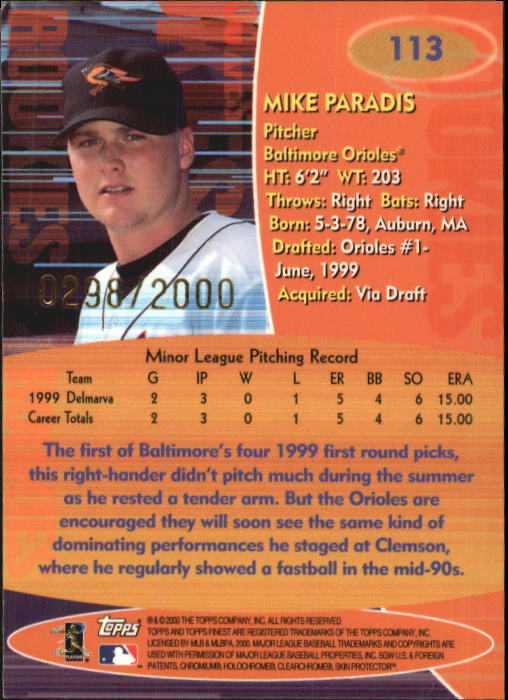 2000 Finest #113 Mike Paradis back image