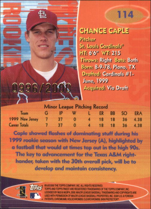 2000 Finest #114 Chance Caple RC back image