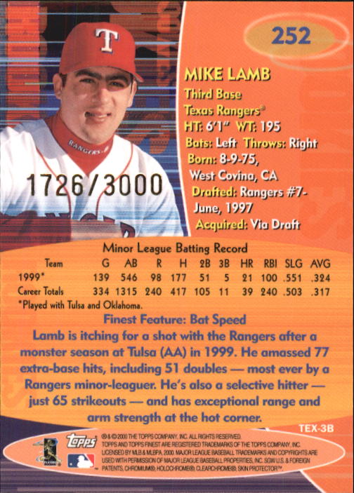 2000 Finest #252 Mike Lamb RC back image