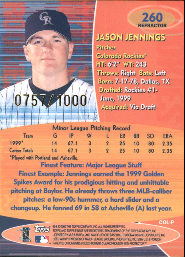 2000 Finest Refractors #260 Jason Jennings back image