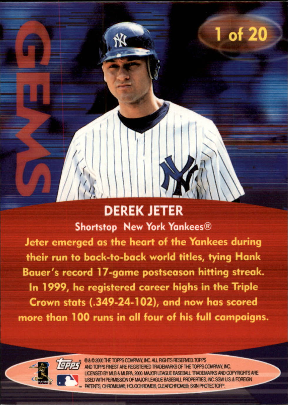 2000 Finest Gems Oversize #1 Derek Jeter back image