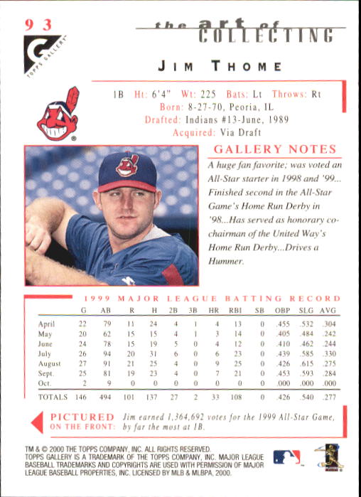 2000 Topps Gallery #93 Jim Thome back image