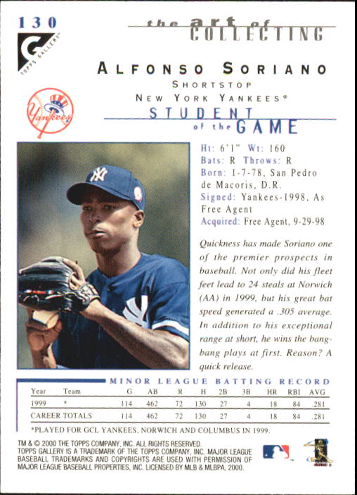 2000 Topps Gallery #130 Alfonso Soriano SG back image