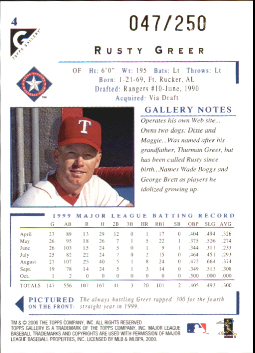 2000 Topps Gallery Player's Private Issue #4 Rusty Greer back image