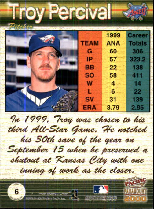 2000 Paramount Ruby #6 Troy Percival back image