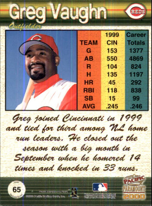 2000 Paramount Ruby #65 Greg Vaughn back image