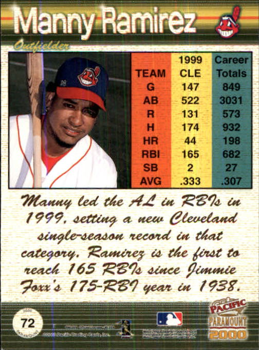 2000 Paramount Ruby #72 Manny Ramirez back image