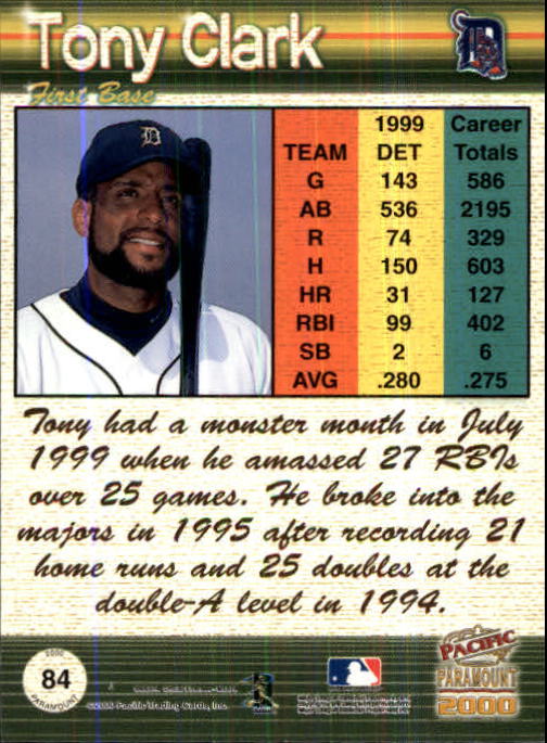 2000 Paramount Ruby #84 Tony Clark back image