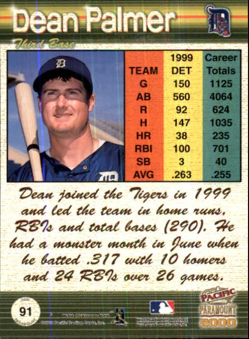 2000 Paramount Ruby #91 Dean Palmer back image