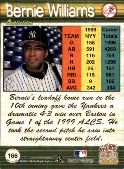 2000 Paramount Ruby #166 Bernie Williams back image