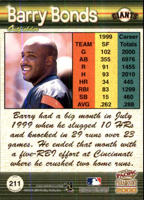2000 Paramount Ruby #211 Barry Bonds back image