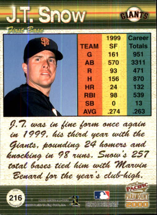 2000 Paramount Ruby #216 J.T. Snow back image