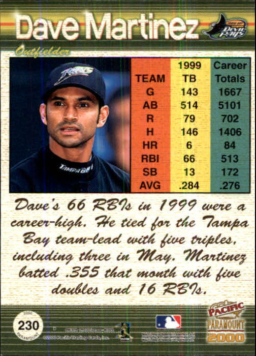 2000 Paramount Ruby #230 Dave Martinez back image