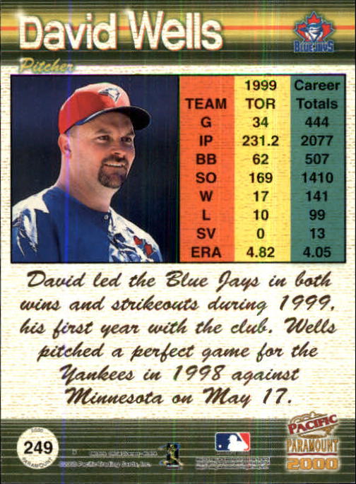 2000 Paramount Ruby #249 David Wells back image