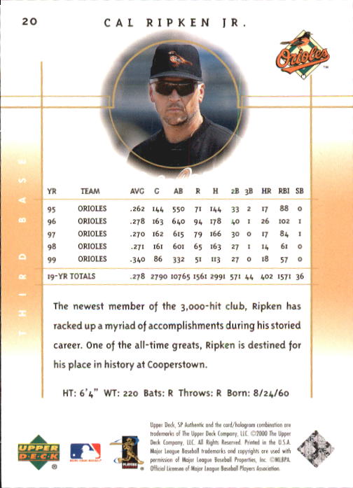 2000 SP Authentic #20 Cal Ripken back image