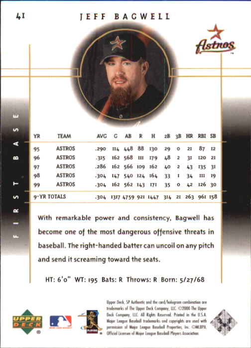 2000 SP Authentic #41 Jeff Bagwell back image