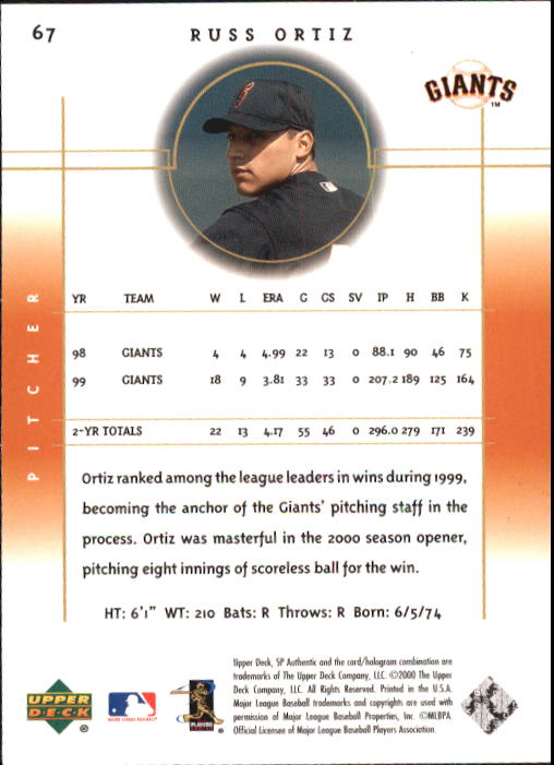 2000 SP Authentic #67 Russ Ortiz back image