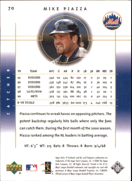 2000 SP Authentic #70 Mike Piazza back image