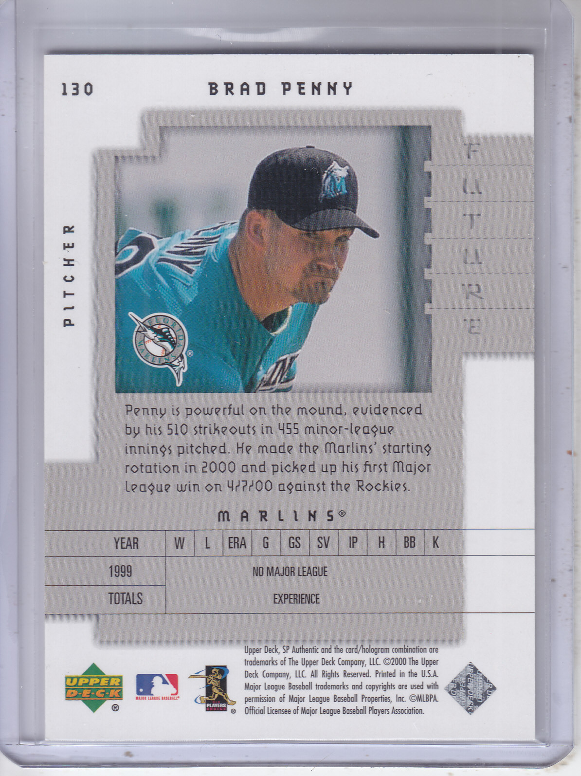2000 SP Authentic #130 Brad Penny FW back image