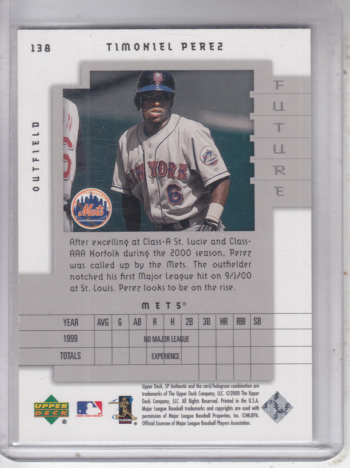 2000 SP Authentic #138 Timo Perez FW RC back image