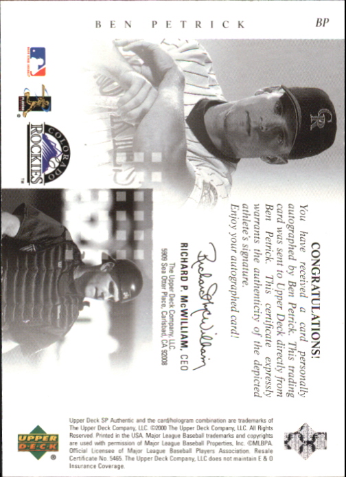 2000 SP Authentic Chirography #BP Ben Petrick back image