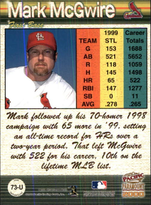 2000 Paramount Update #U73 Mark McGwire back image