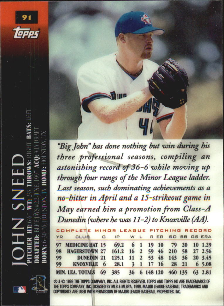 2000 Topps HD #91 John Sneed RC back image