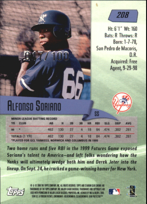 2000 Stadium Club Chrome First Day Issue #208 Alfonso Soriano back image