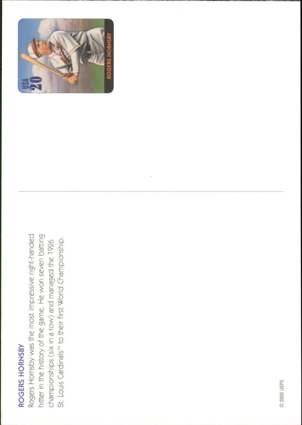 2000 USPS Legends of Baseball Postcards #10 Rogers Hornsby back image