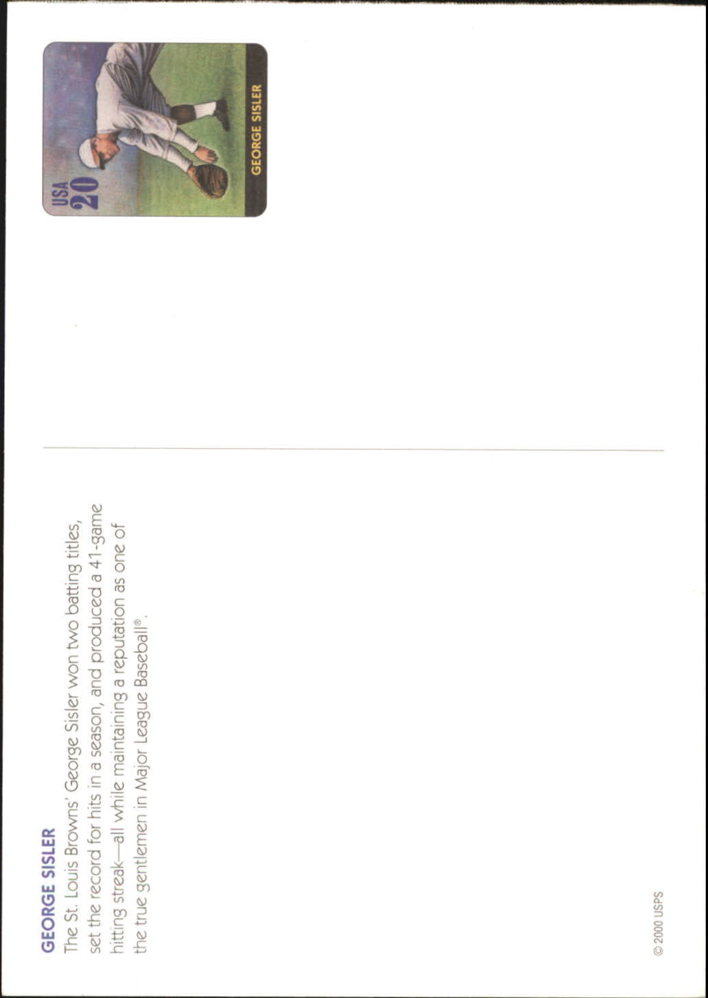 2000 USPS Legends of Baseball Postcards #16 George Sisler back image
