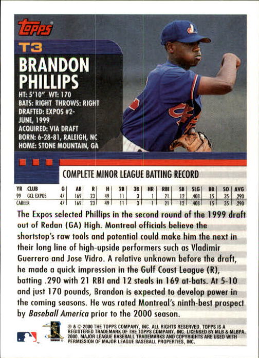 2000 Topps Traded #T3 Brandon Phillips RC back image
