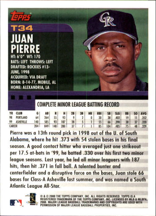 2000 Topps Traded #T34 Juan Pierre RC back image