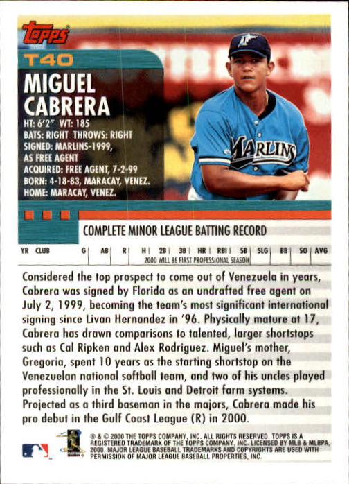 2000 Topps Traded #T40 Miguel Cabrera RC back image
