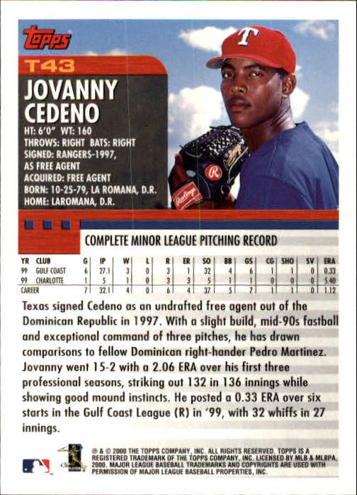 2000 Topps Traded #T43 Jovanny Cedeno RC back image