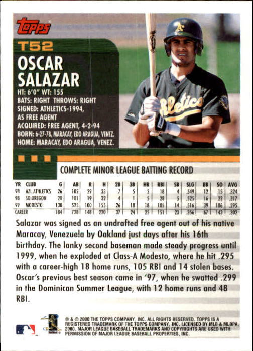 2000 Topps Traded #T52 Oscar Salazar RC back image