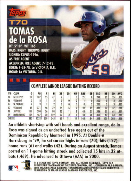 2000 Topps Traded #T70 Tomas De La Rosa RC back image