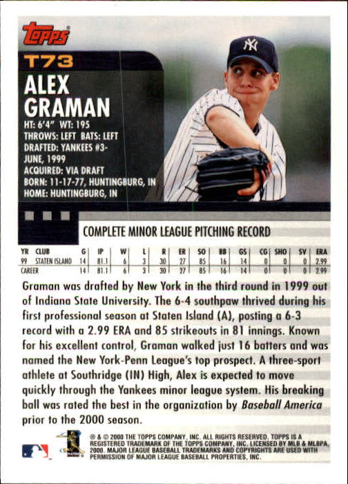 2000 Topps Traded #T73 Alex Graman RC back image