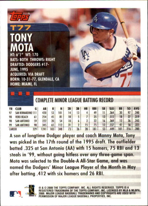 2000 Topps Traded #T77 Tony Mota RC back image