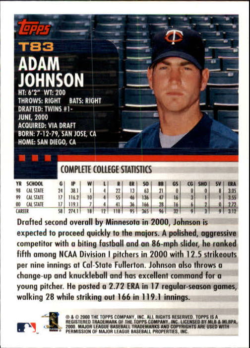 2000 Topps Traded #T83 Adam Johnson RC back image